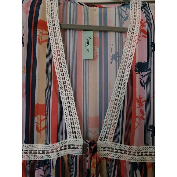 Tempotrek Cover-up Size XL Multicolor Striped Floral Print With Crochet Tye New - Picture 6 of 7